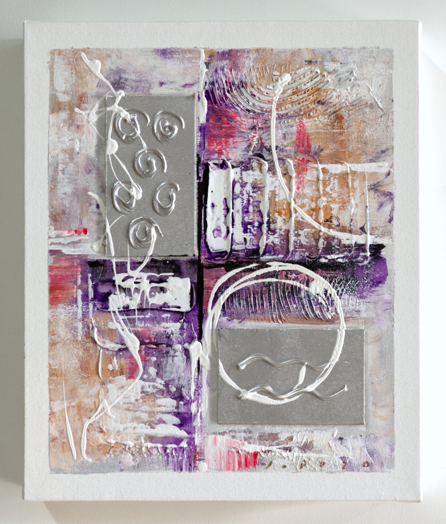 Armario para Llaves, Pintado a mano, con 12 ganchos, Moderno, Abstracto Lila, 100% original, Firmado, Incluye tacos y tornillos