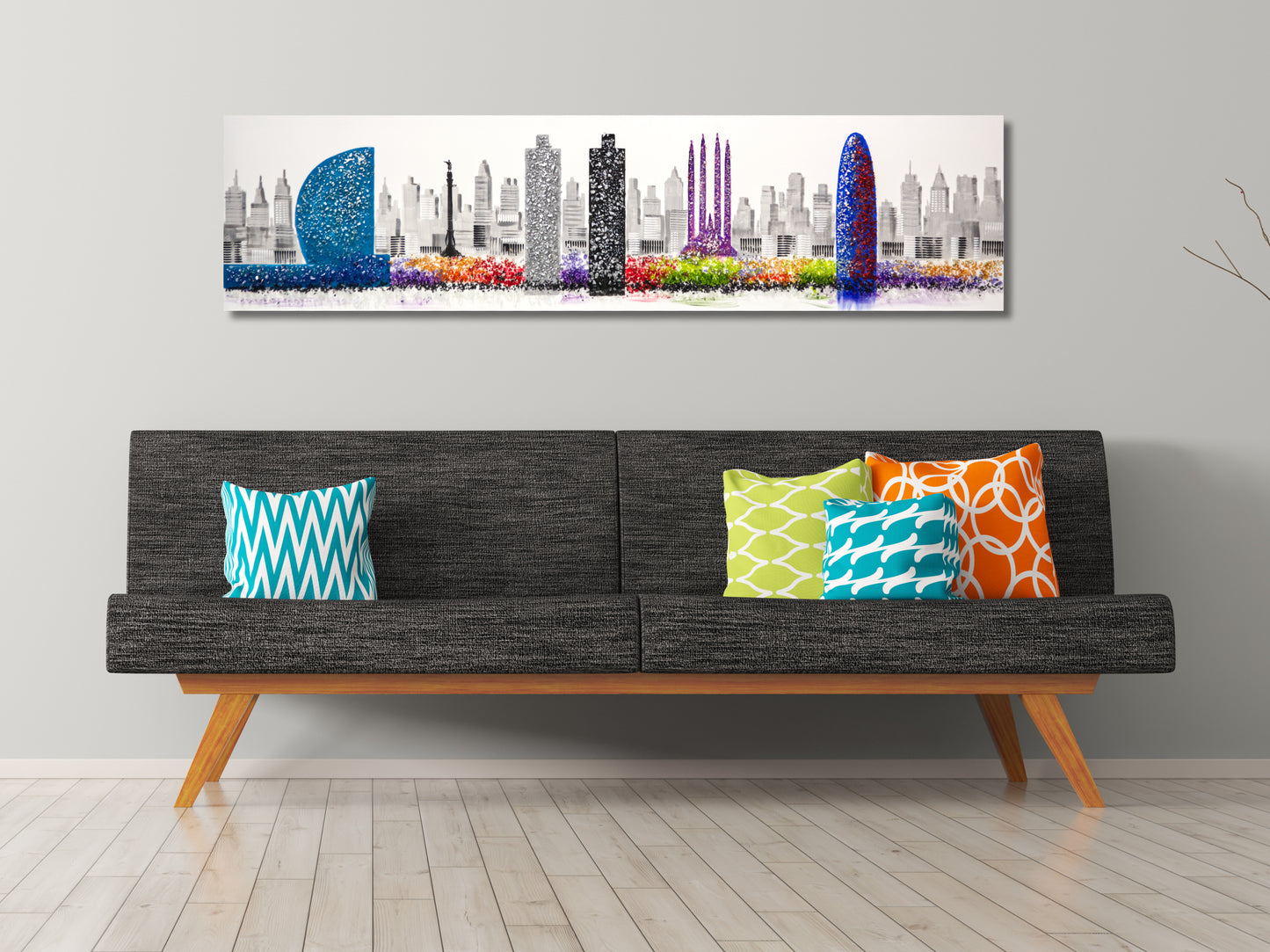 Cuadro Pintado a Mano 120x42 cm, Skyline de Barcelona con Piedras Brillantes, 100% Original, Firmado por el artista