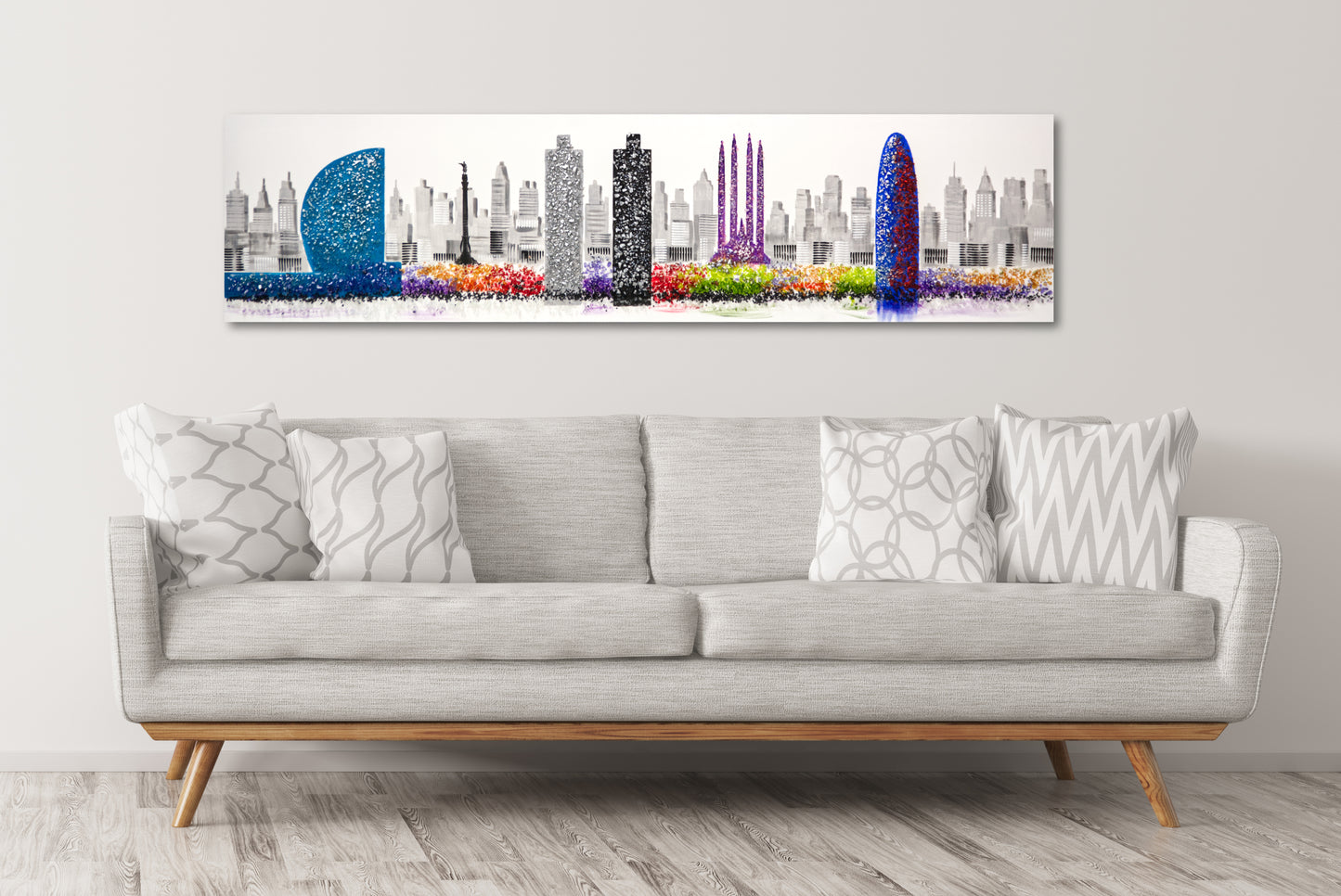 Cuadro Pintado a Mano 120x42 cm, Skyline de Barcelona con Piedras Brillantes, 100% Original, Firmado por el artista