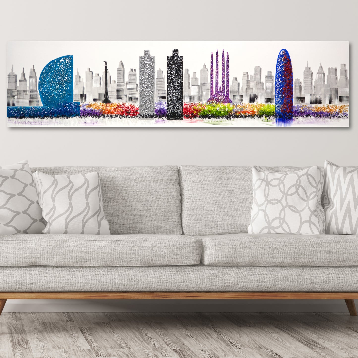 Cuadro Pintado a Mano 120x42 cm, Skyline de Barcelona con Piedras Brillantes, 100% Original, Firmado por el artista
