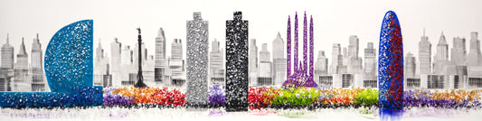 Cuadro Pintado a Mano 120x42 cm, Skyline de Barcelona con Piedras Brillantes, 100% Original, Firmado por el artista