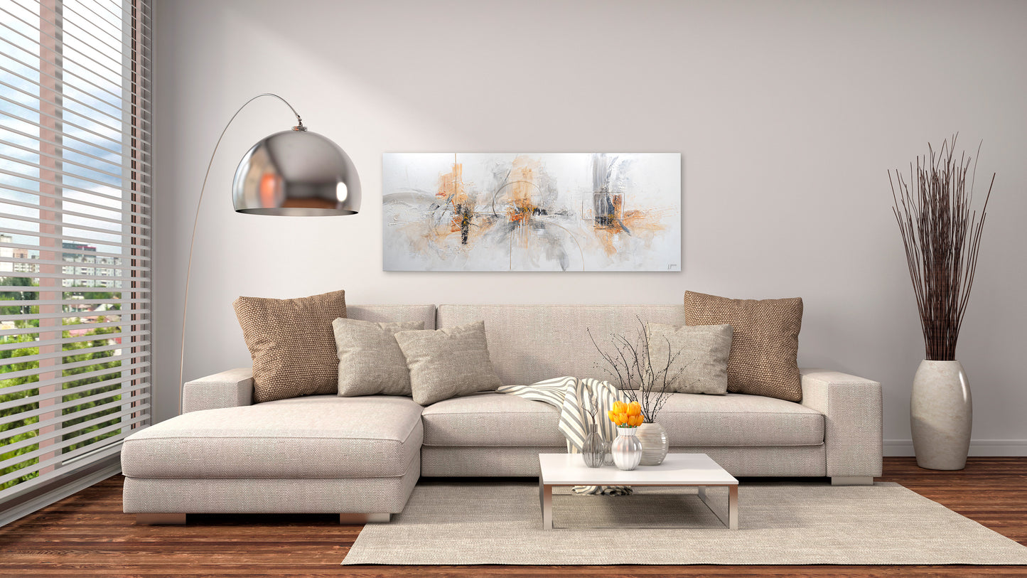 Cuadro Pintado 150x60 cm Abstracto en colores claros, con Relieve. Sobre lienzo, firmado