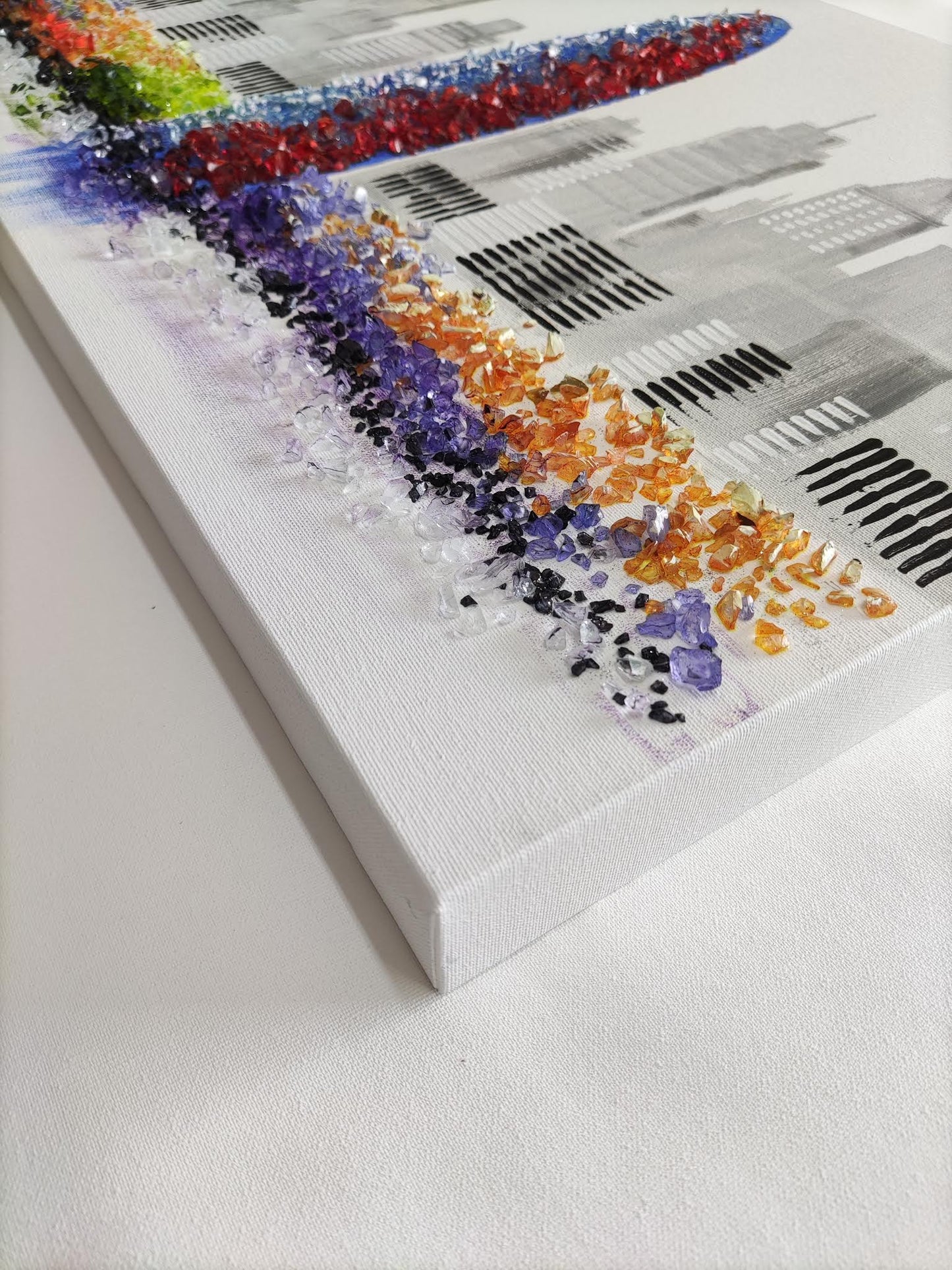 Cuadro Pintado a Mano 120x42 cm, Skyline de Barcelona con Piedras Brillantes, 100% Original, Firmado por el artista