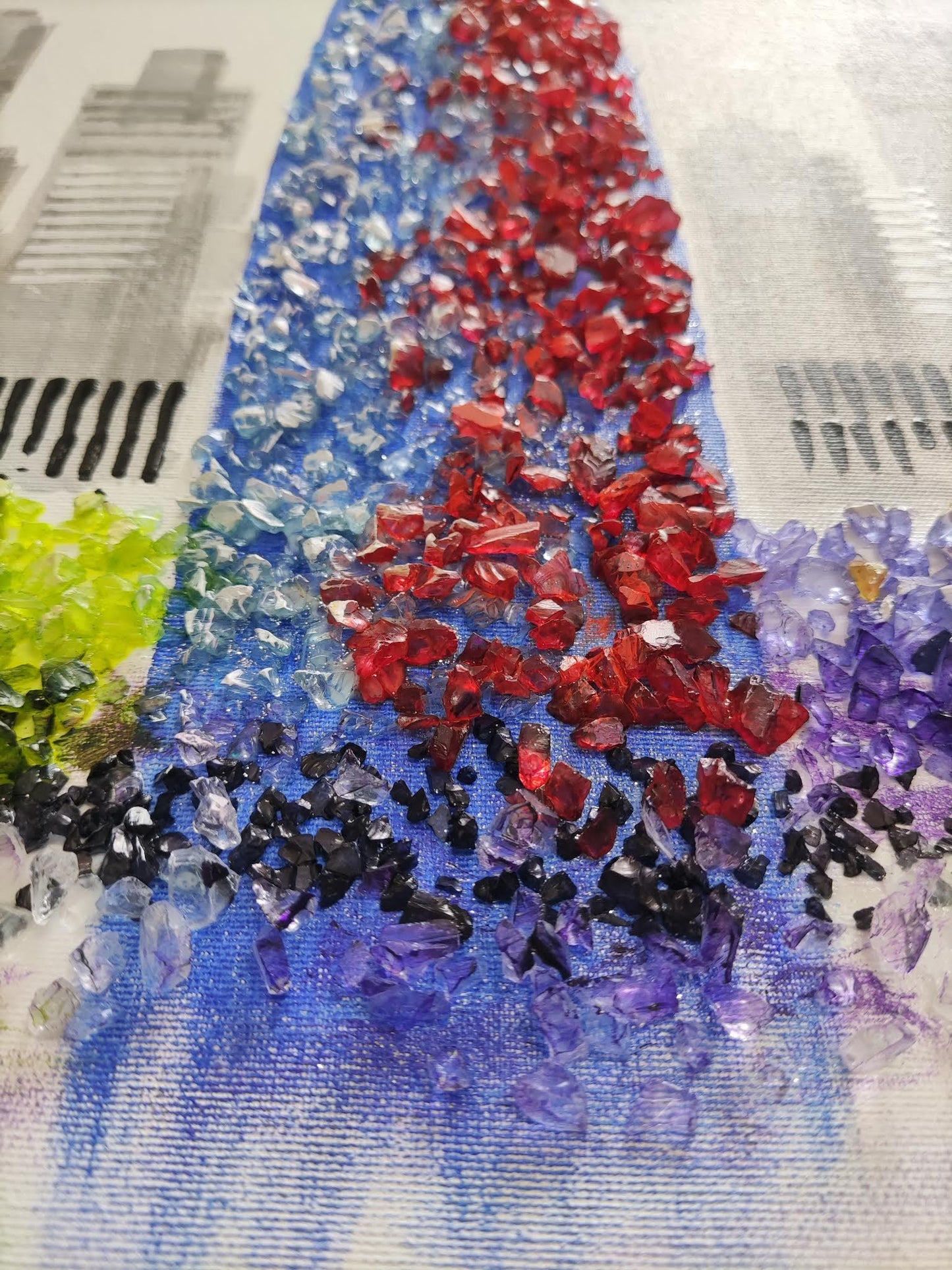 Cuadro Pintado a Mano 120x42 cm, Skyline de Barcelona con Piedras Brillantes, 100% Original, Firmado por el artista
