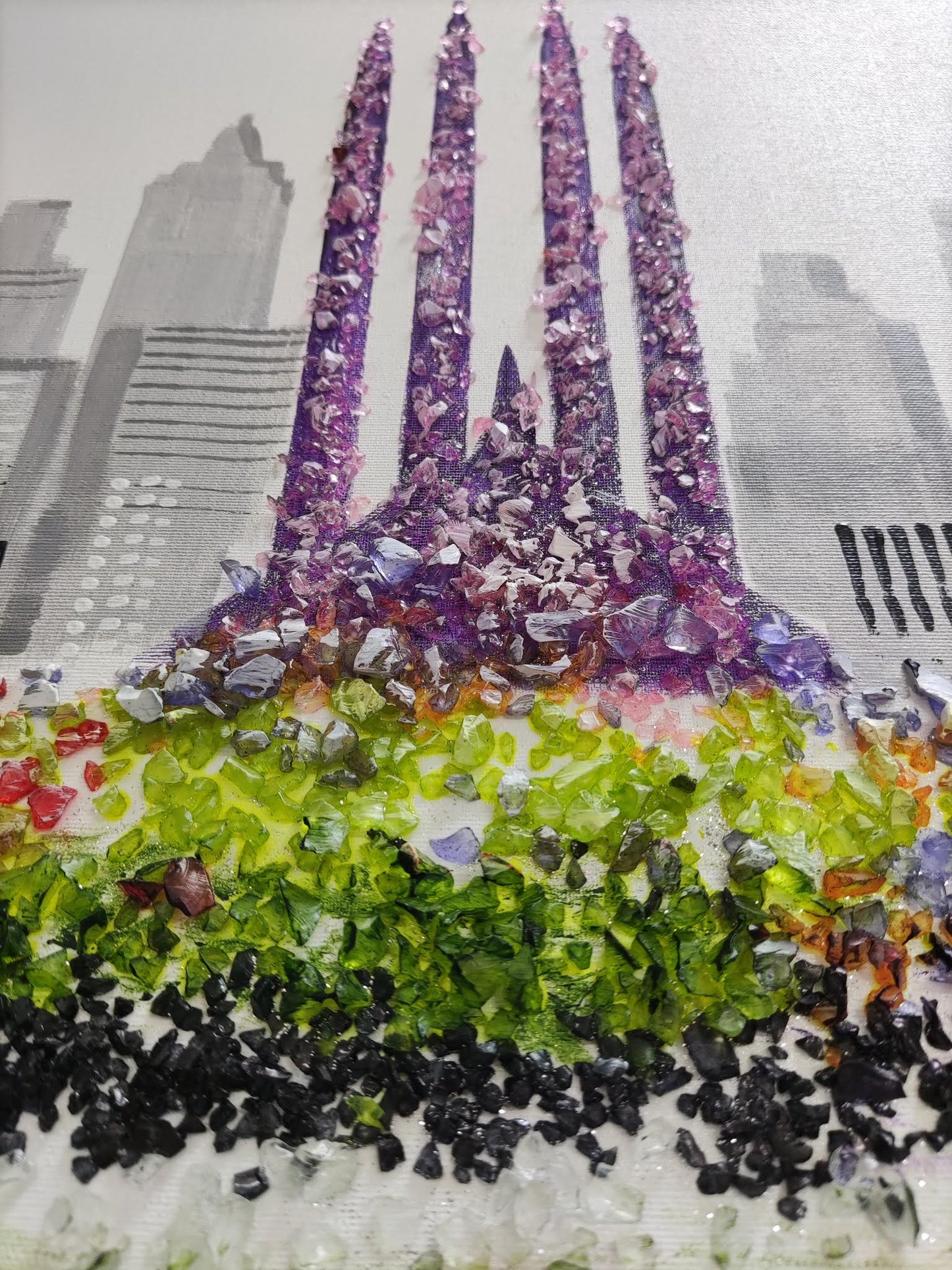 Cuadro Pintado a Mano 120x42 cm, Skyline de Barcelona con Piedras Brillantes, 100% Original, Firmado por el artista