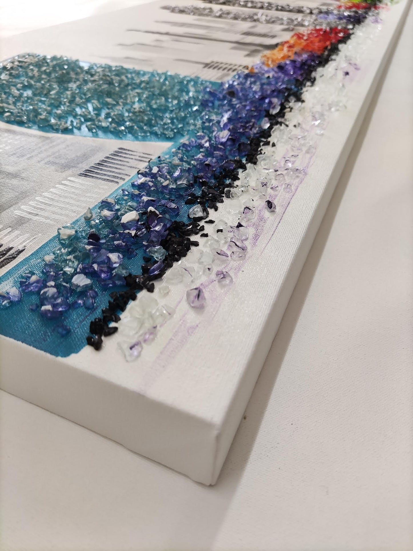 Cuadro Pintado a Mano 120x42 cm, Skyline de Barcelona con Piedras Brillantes, 100% Original, Firmado por el artista