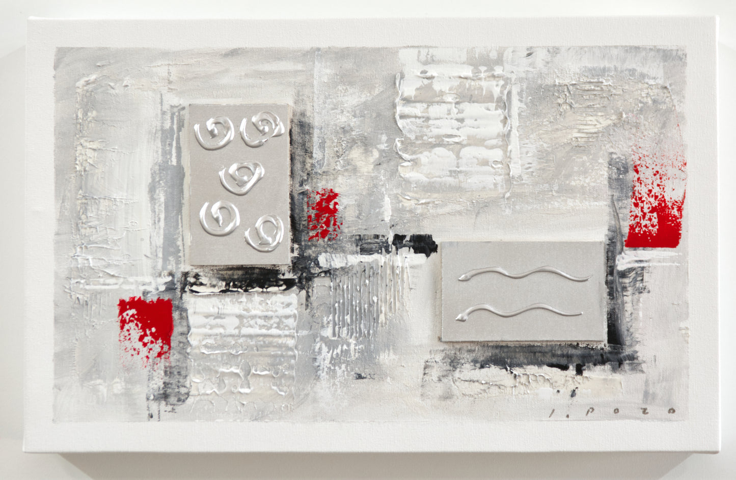 Tapa de Contador Pintada a Mano, 100% Original, Ábstracta, En Rojo y Gris, Incluye Tornillos y Tacos. Medidas: Interior 37x22x4cm Exterior 41x26x6cm