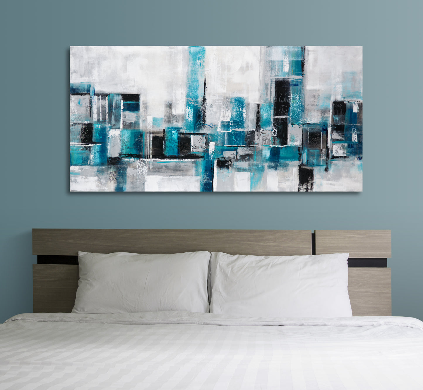 Cuadro Abstracto Ciudad Verde y Azul 140x70 cm, Sobre Lienzo, 100% Original, Firmado