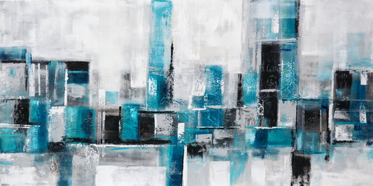 Cuadro Abstracto Ciudad Verde y Azul 140x70 cm, Sobre Lienzo, 100% Original, Firmado