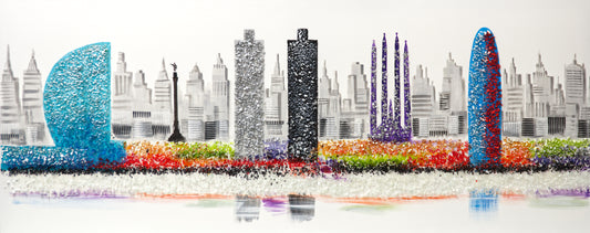CUADRO PINTADO "SKYLINE BARCELONA" CON PIEDRAS BRILLANTES 150X60CM