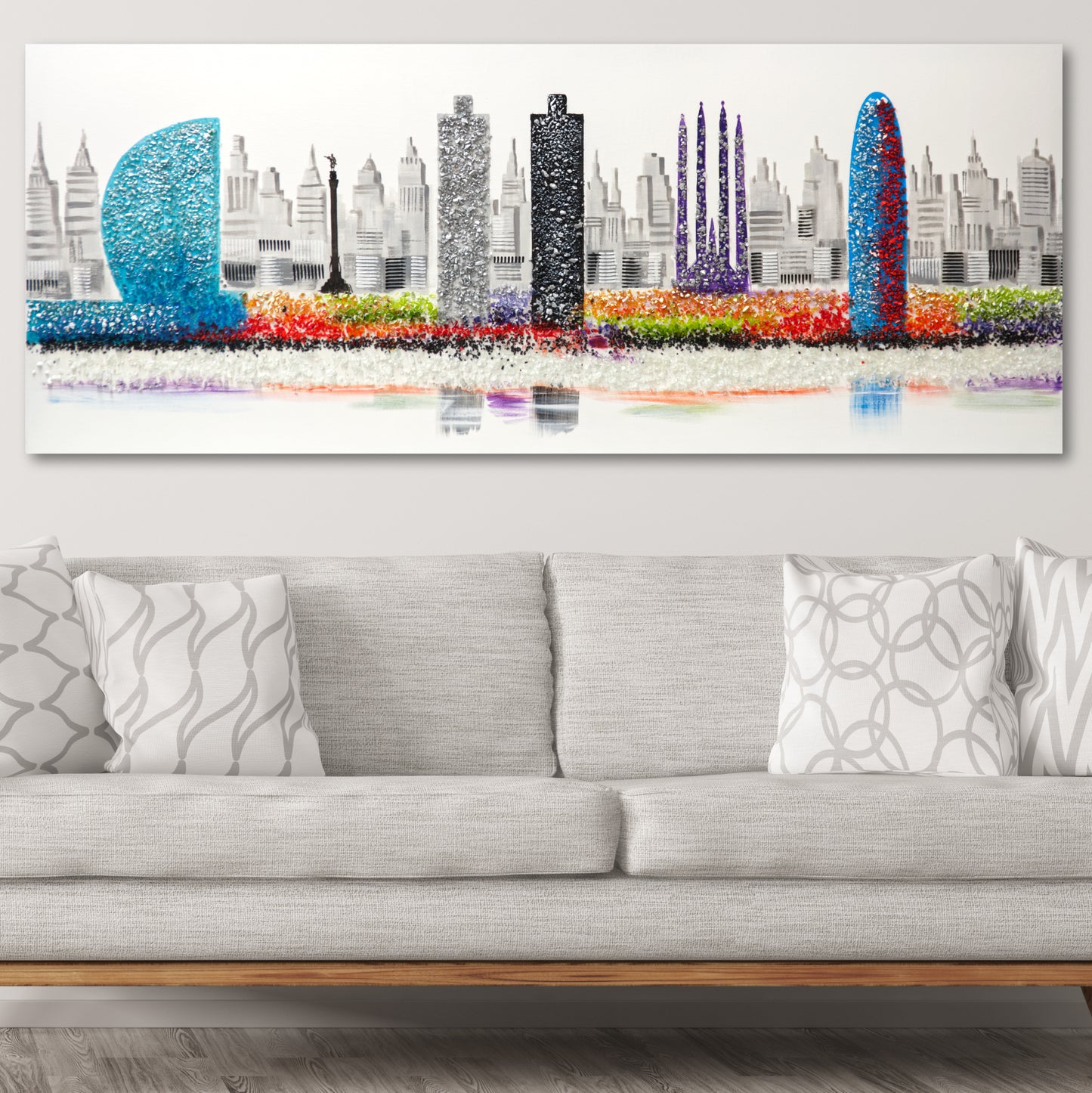 CUADRO PINTADO "SKYLINE BARCELONA" CON PIEDRAS BRILLANTES 150X60CM