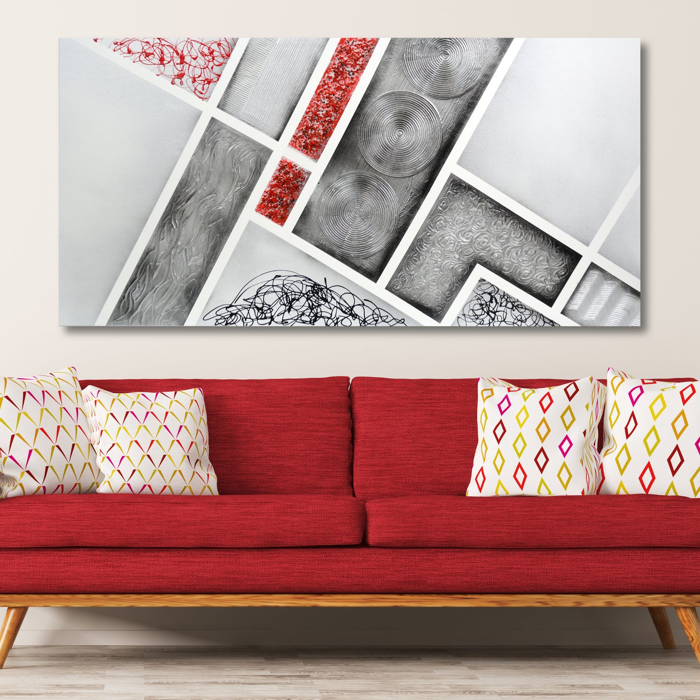 CUADRO PINTADO "ABSTRACTO DIAGONAL" PLATA Y ROJO 140X70CM