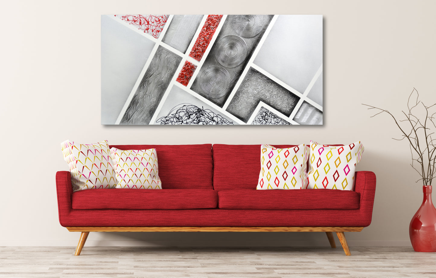 CUADRO PINTADO "ABSTRACTO DIAGONAL" PLATA Y ROJO 140X70CM