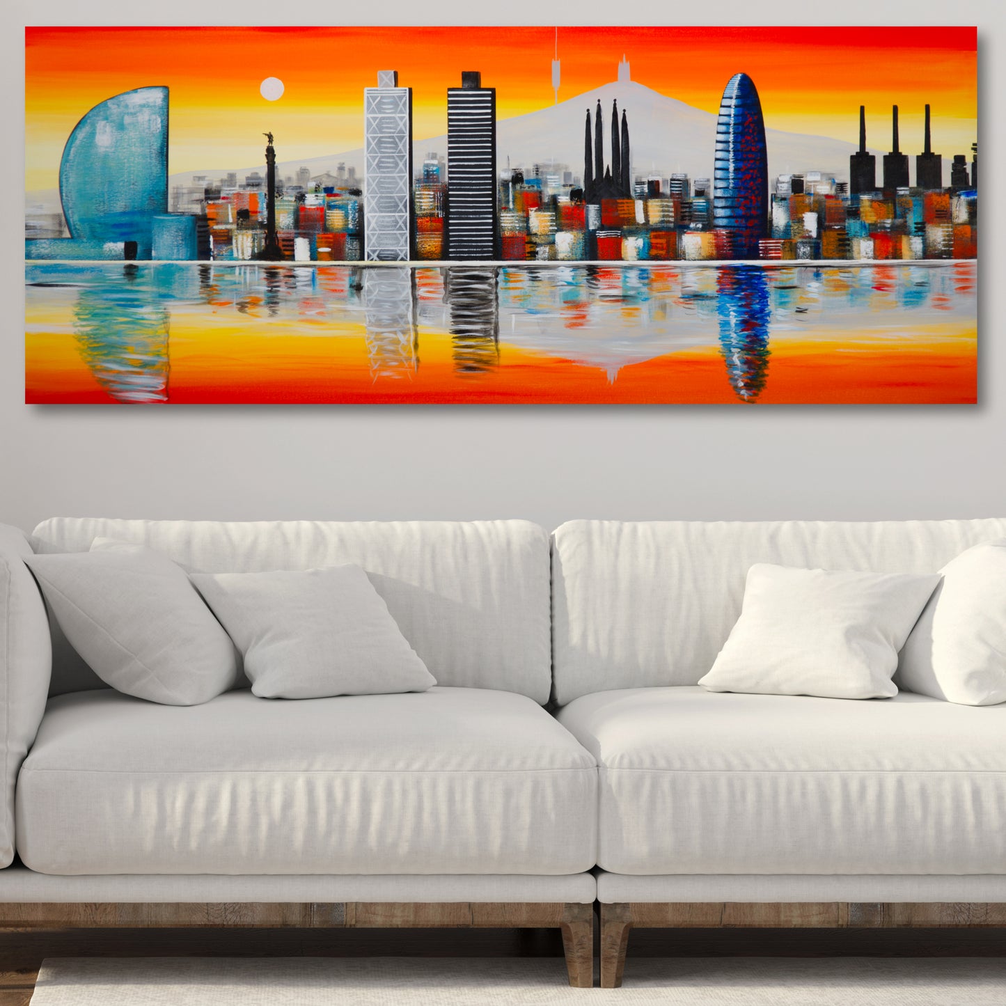 Cuadro Pintado "Atardecer en Barcelona" 150x60 cm