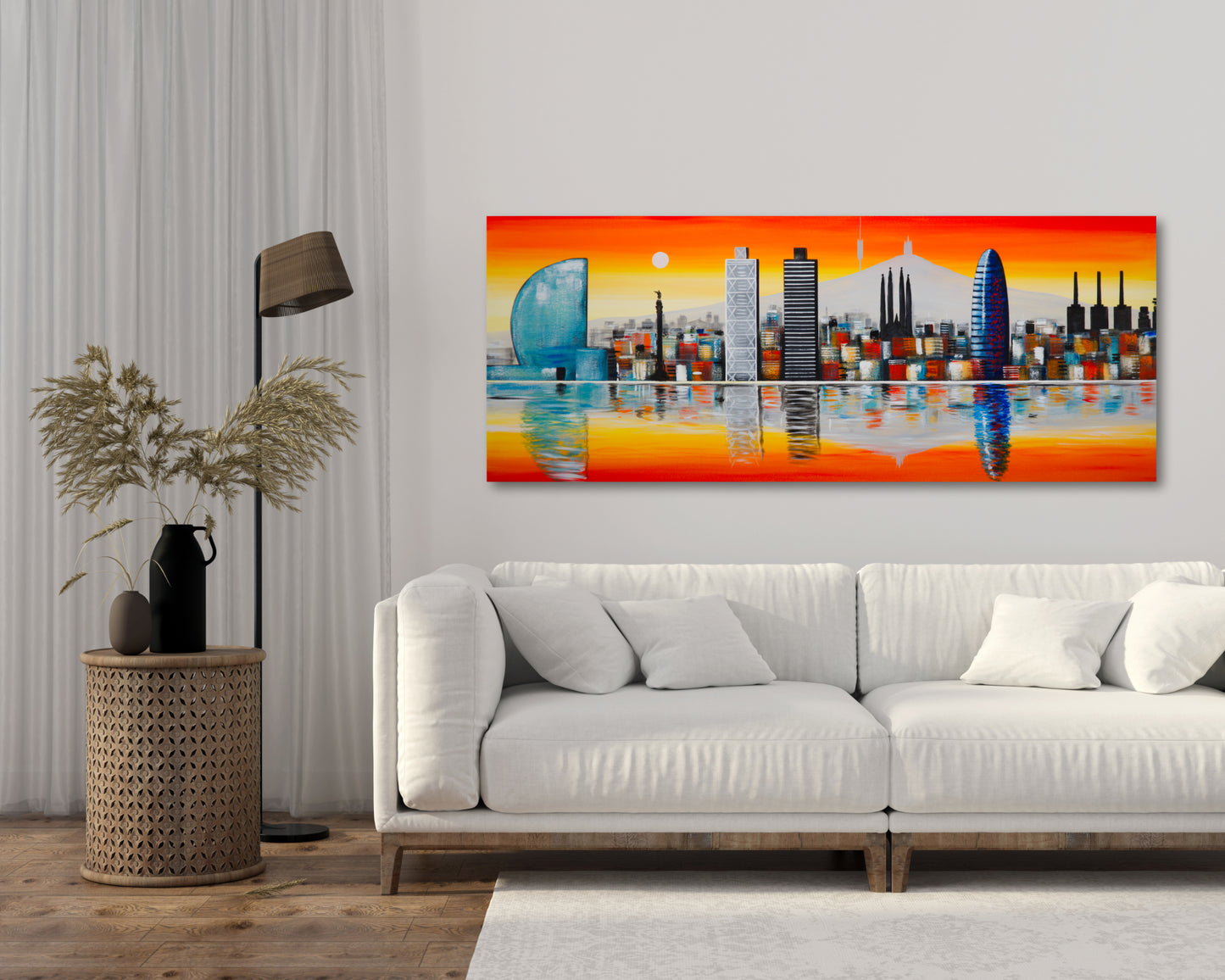 Cuadro Pintado "Atardecer en Barcelona" 150x60 cm