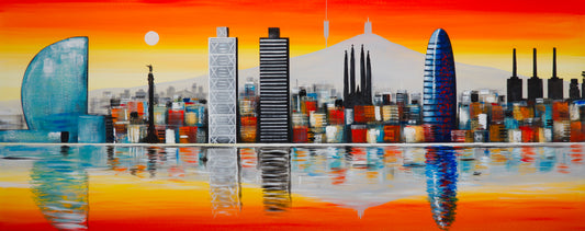 Cuadro Pintado "Atardecer en Barcelona" 150x60 cm