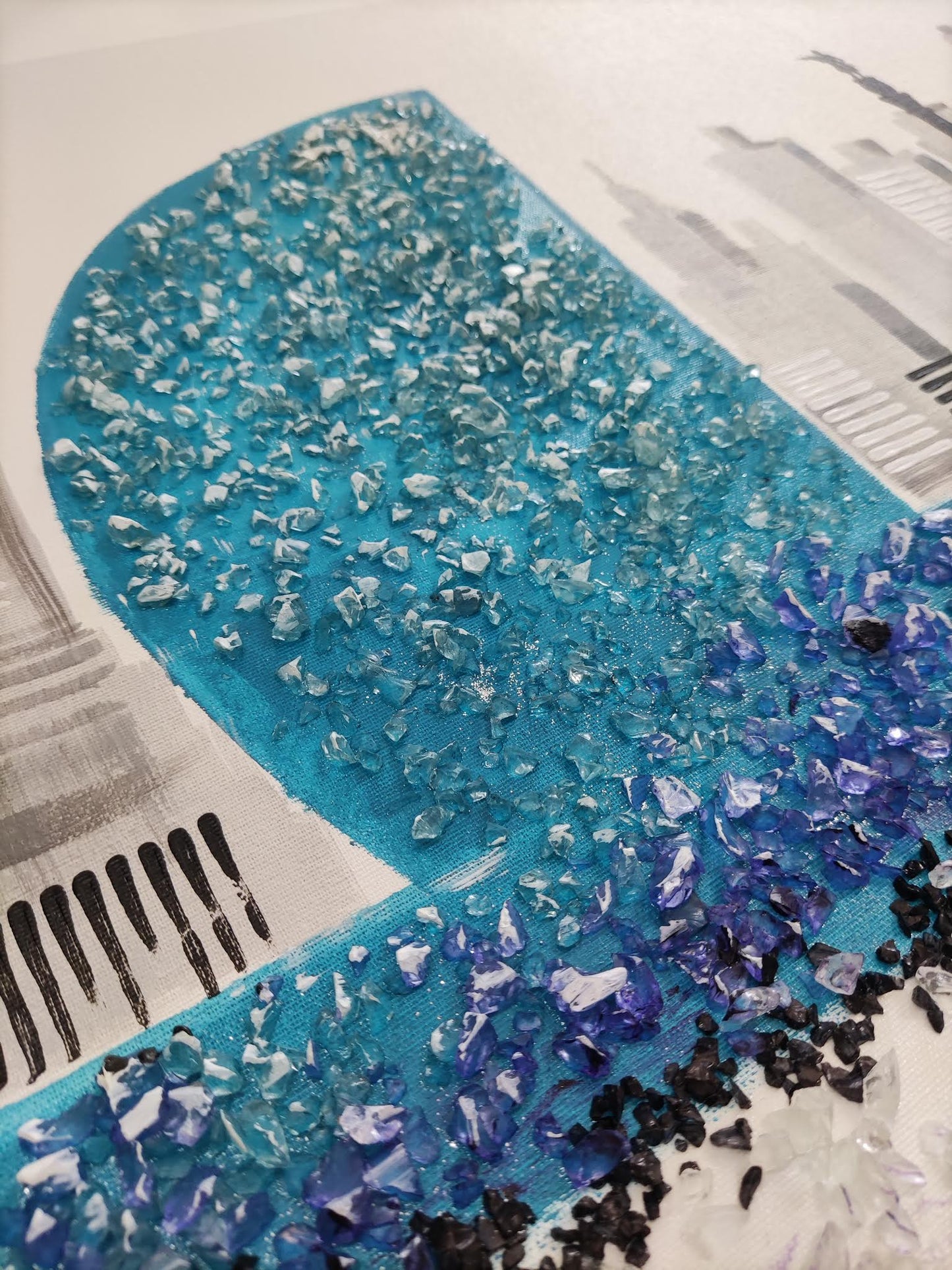Cuadro Pintado a Mano, Skyline de Barcelona con Piedras Brillantes, 100% Original, Firmado por el artista
