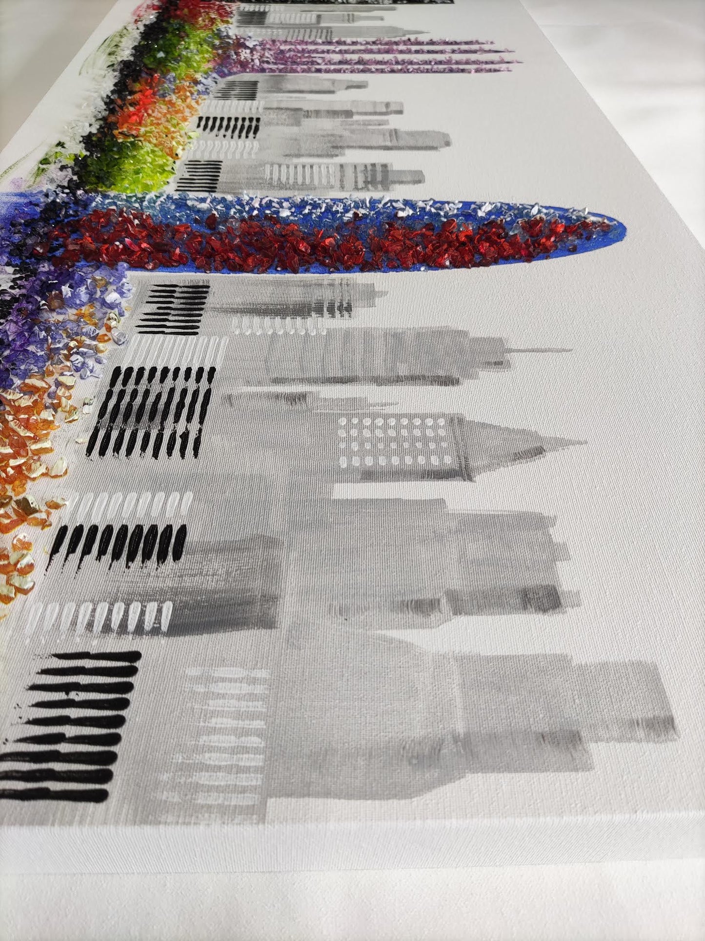 Cuadro Pintado a Mano, Skyline de Barcelona con Piedras Brillantes, 100% Original, Firmado por el artista