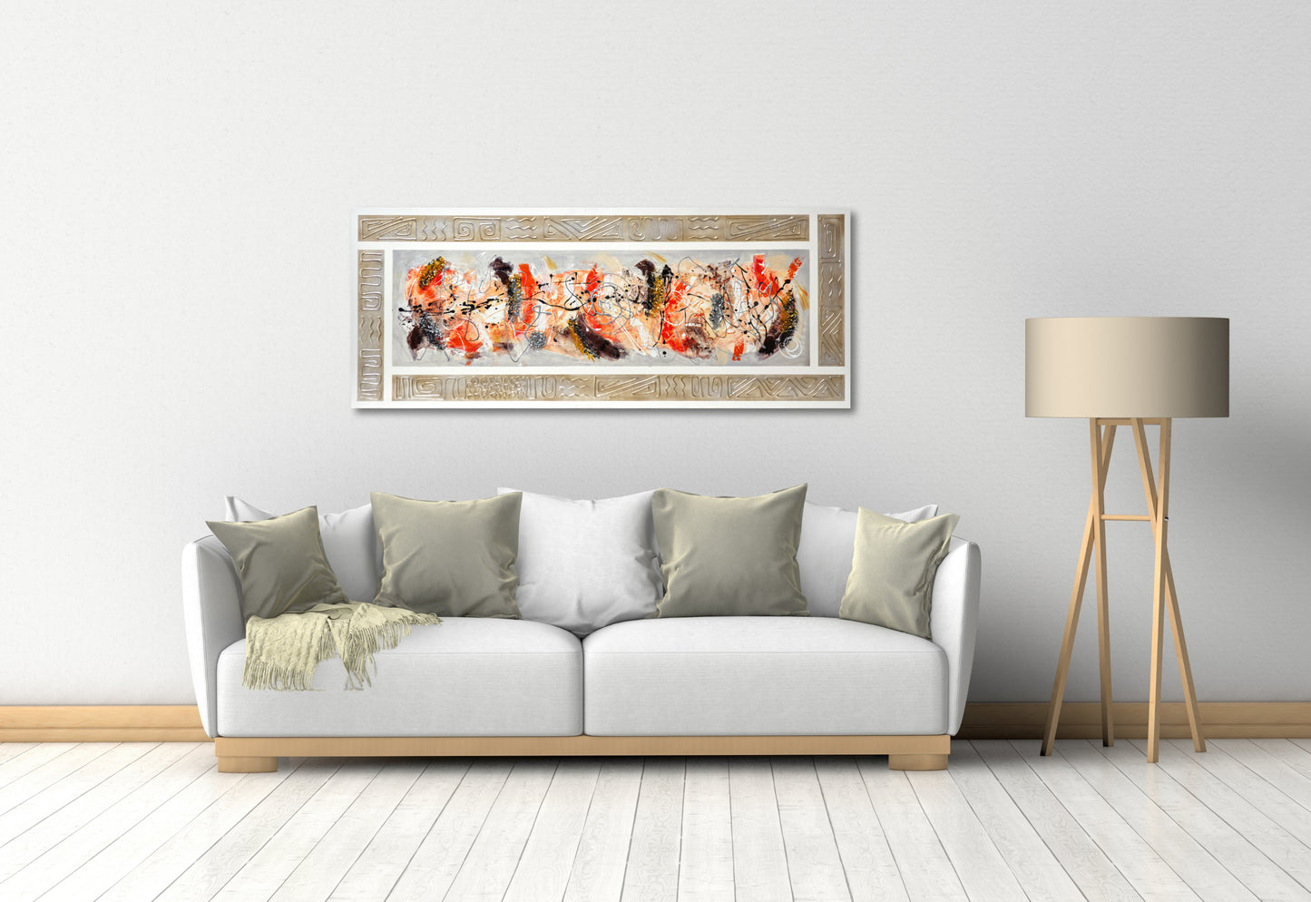 CUADRO PINTADO "NEBULA NARANJA" CON CENEFA 150X60CM