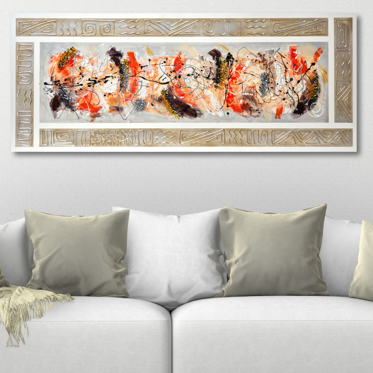 CUADRO PINTADO "NEBULA NARANJA" CON CENEFA 150X60CM