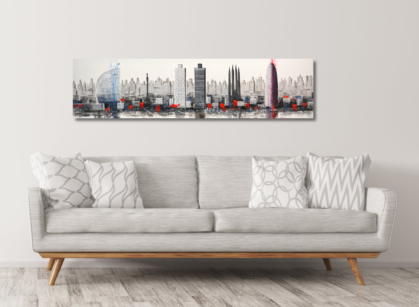 CUADRO PINTADO "SKYLINE BARCELONA MODERNO" 165X42CM