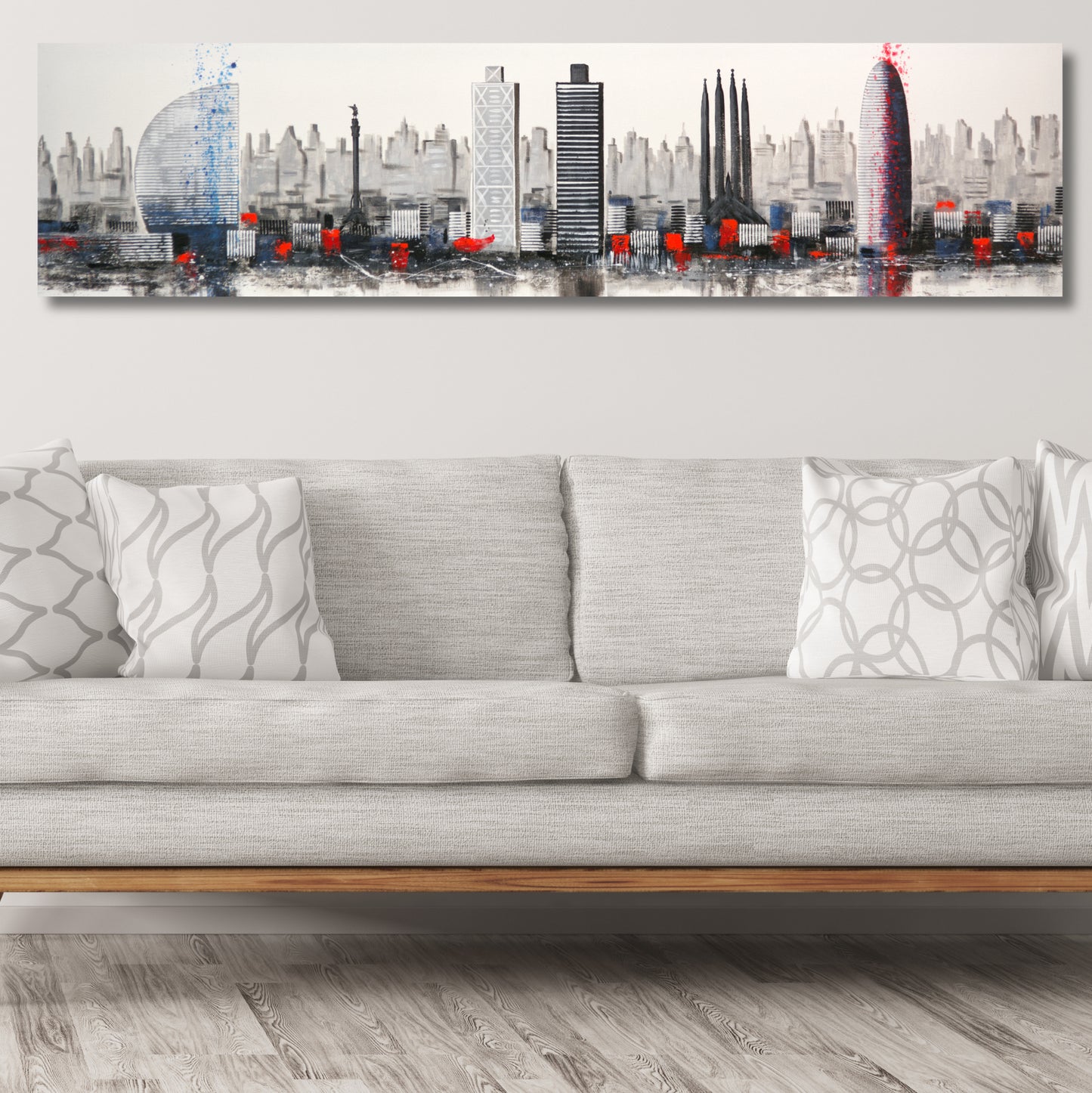 CUADRO PINTADO "SKYLINE BARCELONA MODERNO" 165X42CM