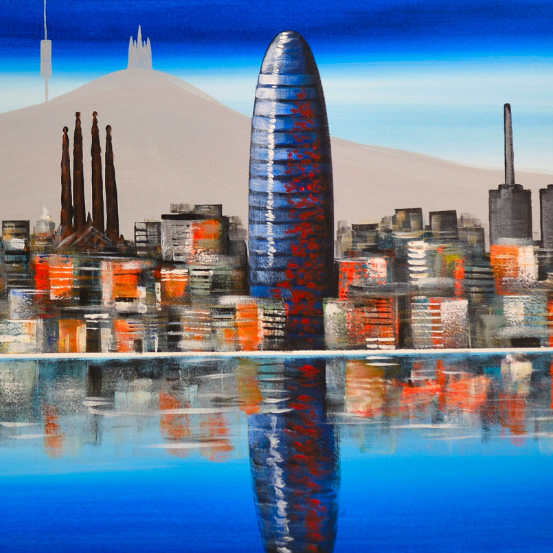 CUADRO PINTADO "SKYLINE DE BARCELONA" AZUL 150X60CM