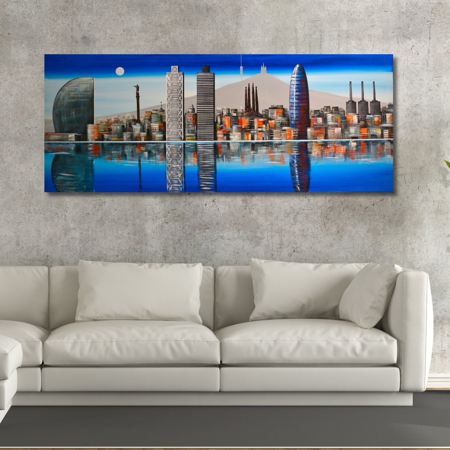 CUADRO PINTADO "SKYLINE DE BARCELONA" AZUL 150X60CM