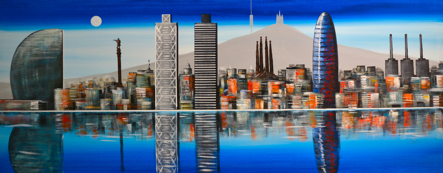 CUADRO PINTADO "SKYLINE DE BARCELONA" AZUL 150X60CM