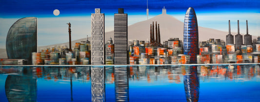 CUADRO PINTADO "SKYLINE DE BARCELONA" AZUL 150X60CM