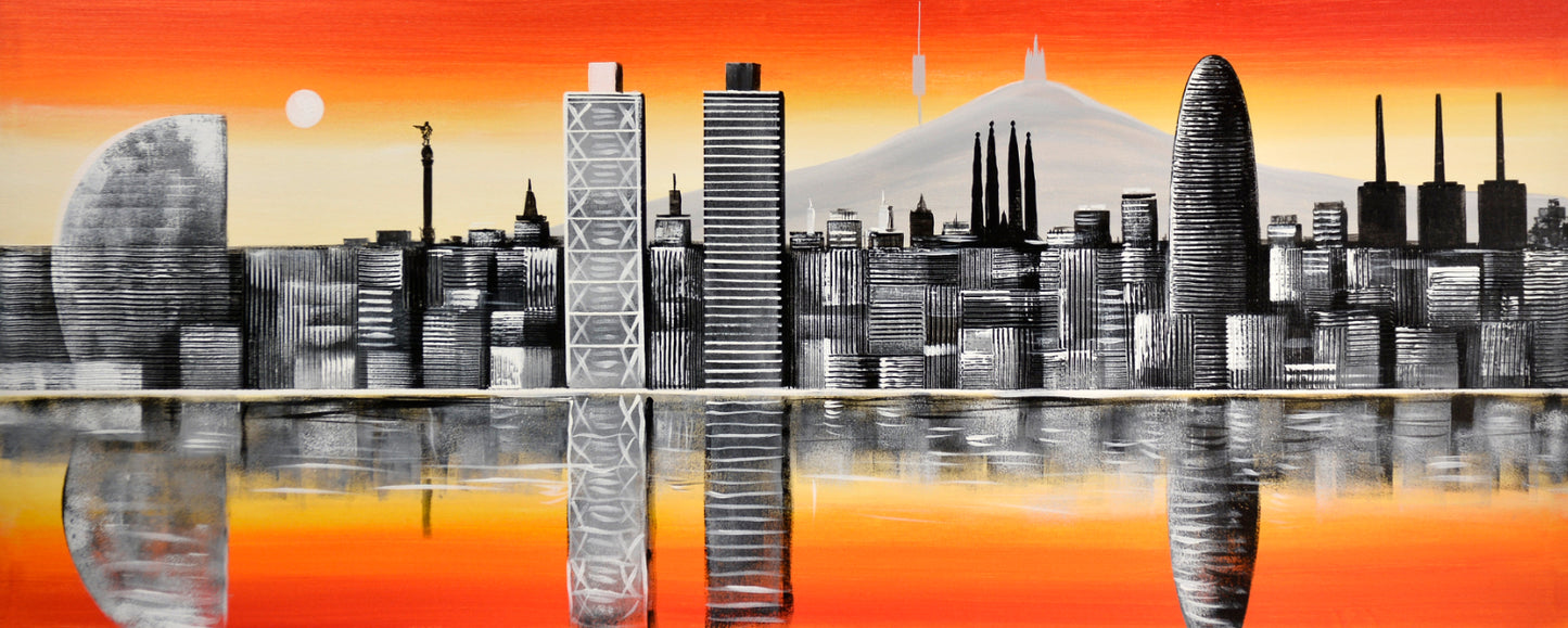 Cuadro Pintado a Mano de Barcelona 150x60 cm, sobre lienzo, con relieve, 100% Original, firmado por el artista