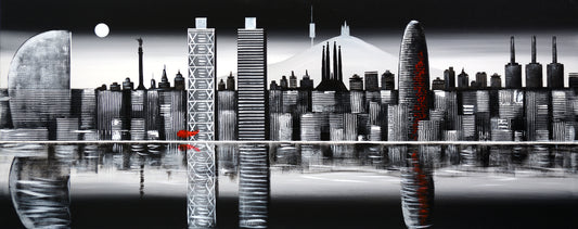 CUADRO PINTADO "SKYLINE BARCELONA DE NOCHE" 150X60CM