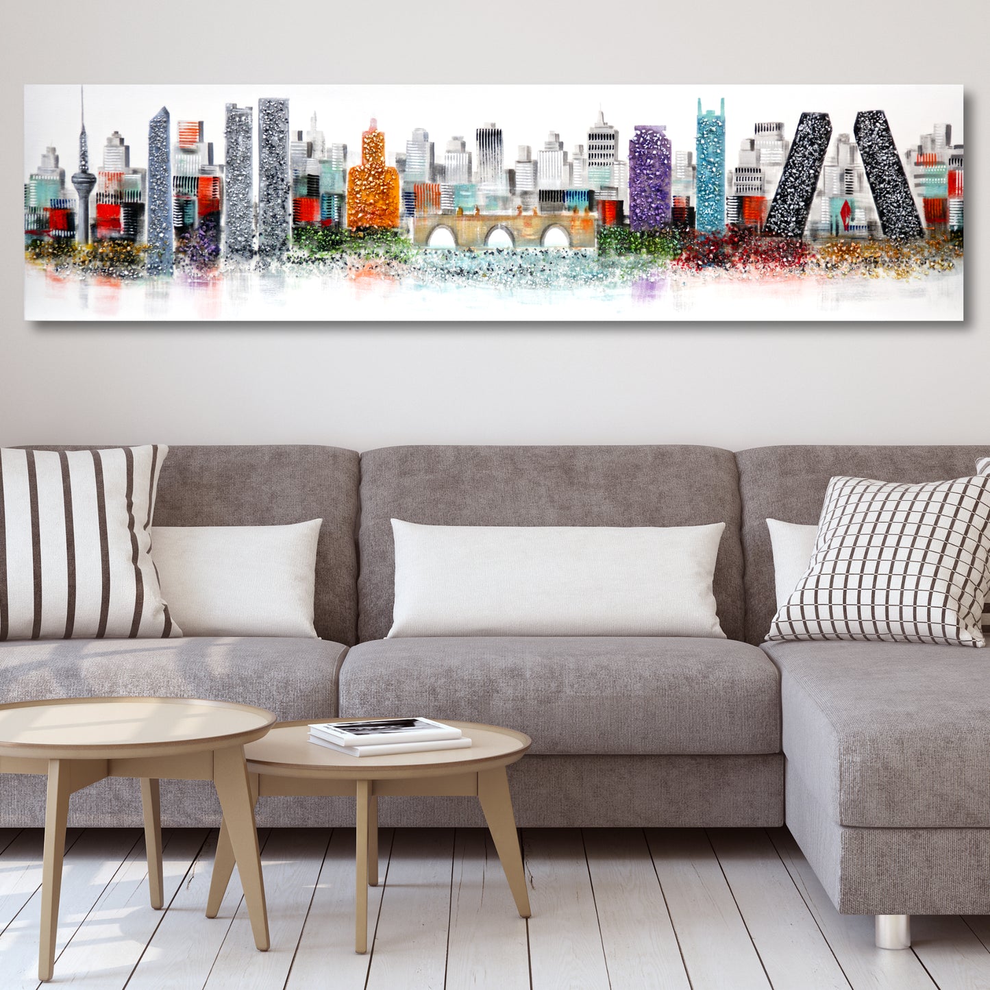 CUADRO PINTADO "SKYLINE MADRID" CON PIEDRAS BRILLANTES 165X42CM
