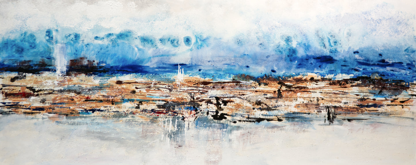CUADRO PINTADO "PAISAJE ABSTRACTO AZUL Y OCRE" 150x60 CM
