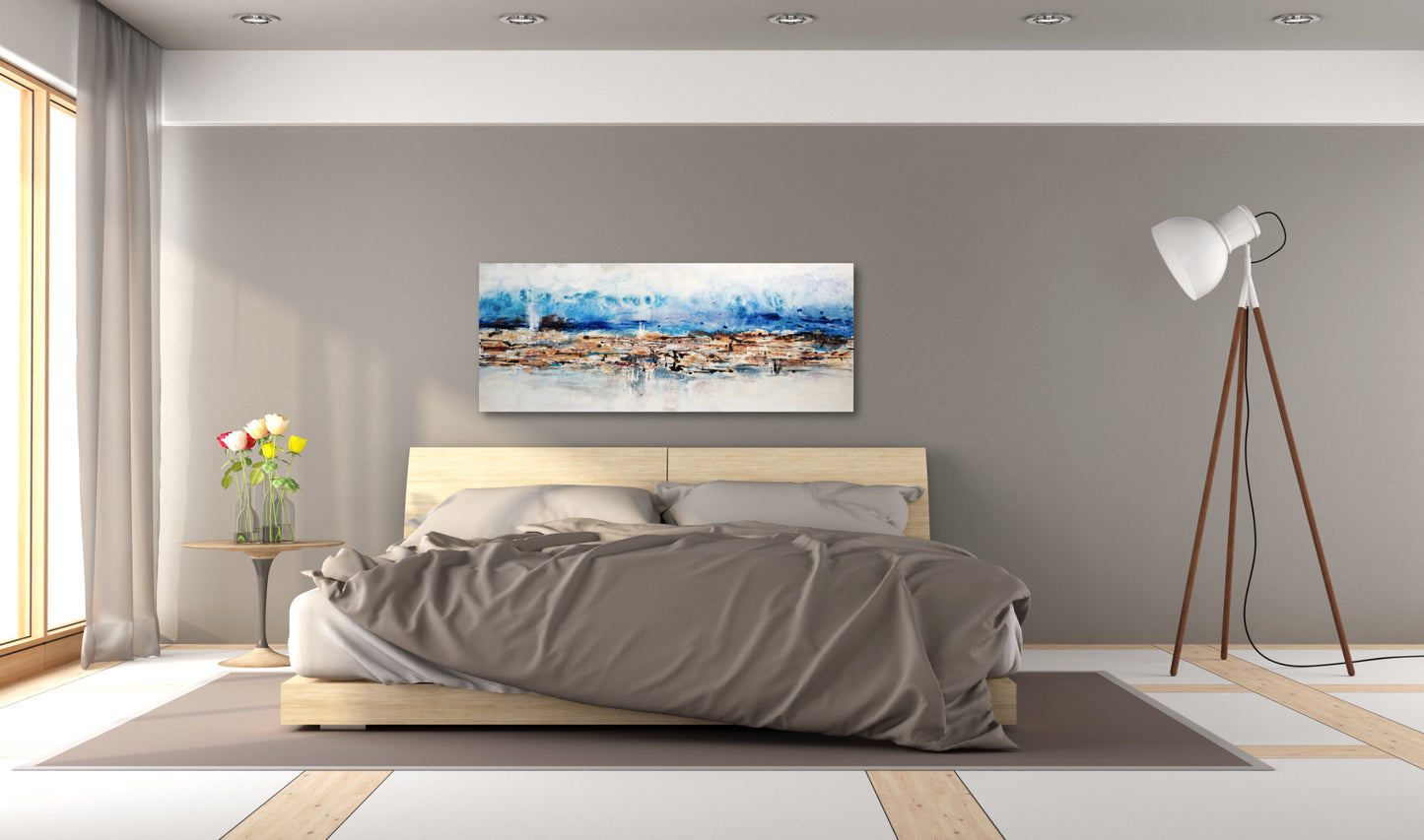 CUADRO PINTADO "PAISAJE ABSTRACTO AZUL Y OCRE" 150x60 CM