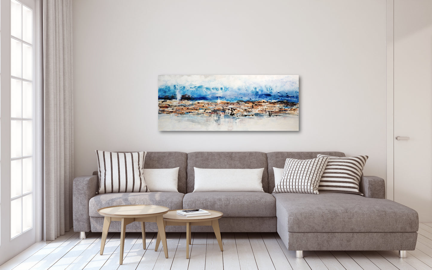 CUADRO PINTADO "PAISAJE ABSTRACTO AZUL Y OCRE" 150x60 CM