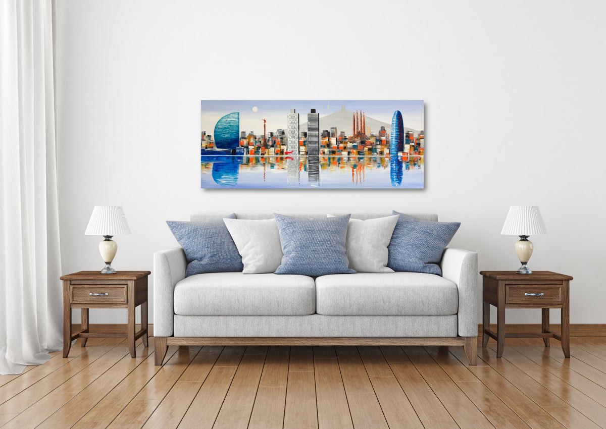 CUADRO PINTADO "SKYLINE DE BARCELONA" CELESTE 150X60CM