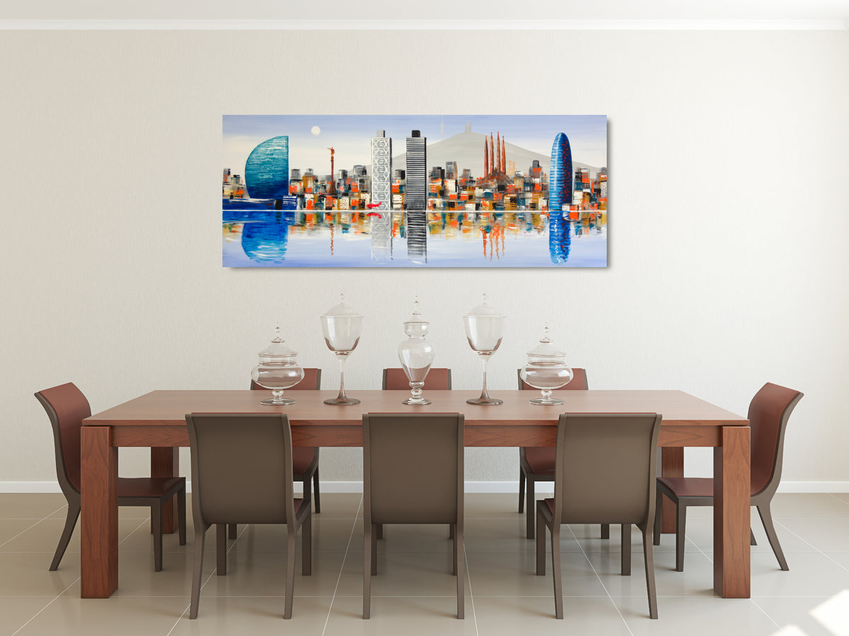 CUADRO PINTADO "SKYLINE DE BARCELONA" CELESTE 150X60CM