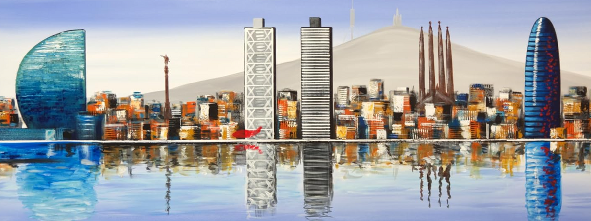 CUADRO PINTADO "SKYLINE DE BARCELONA" CELESTE 150X60CM