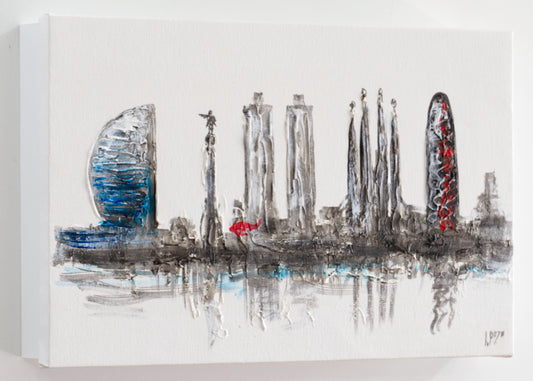 Tapa de Contador Pintada a Mano, 100% Original, Barcelona skyline, Con Relieve, Incluye Tornillos y Tacos. Medidas: Interior 37x22x4cm Exterior 41x26x6cm (Copia)