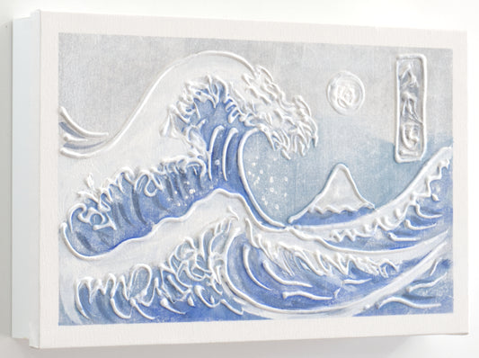 Tapa de Contador Pintada a Mano, 100% Original, Ola de Hokusai, Con Relieve, Incluye Tornillos y Tacos. Medidas: Interior 37x22x4cm Exterior 41x26x6cm