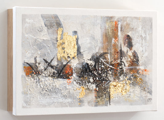Tapa de Contador Pintada a Mano, 100% Original, en Madera Clara, Abstracto en Marrón y Oro, Incluye Tornillos y Tacos. Medidas: Interior 37x22x4cm