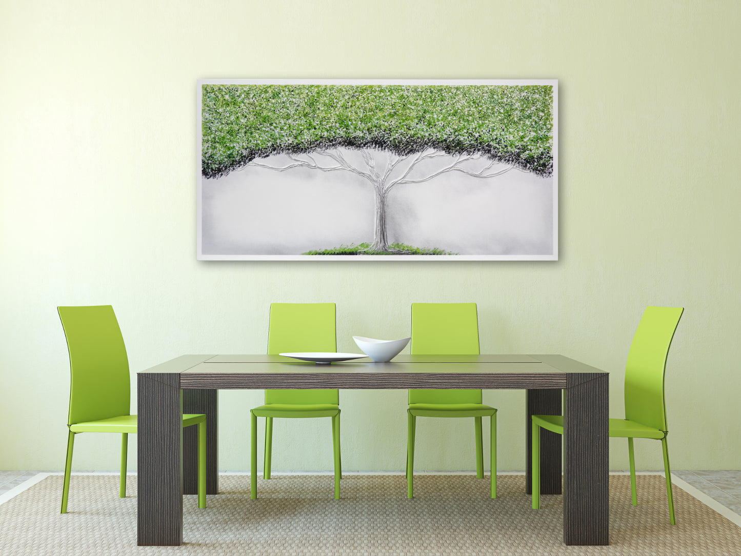 CUADRO PINTADO "ÁRBOL DE LA VIDA" VERDE 140X70CM CON PIEDRAS BRILLANTES Y RELIEVE PLATA