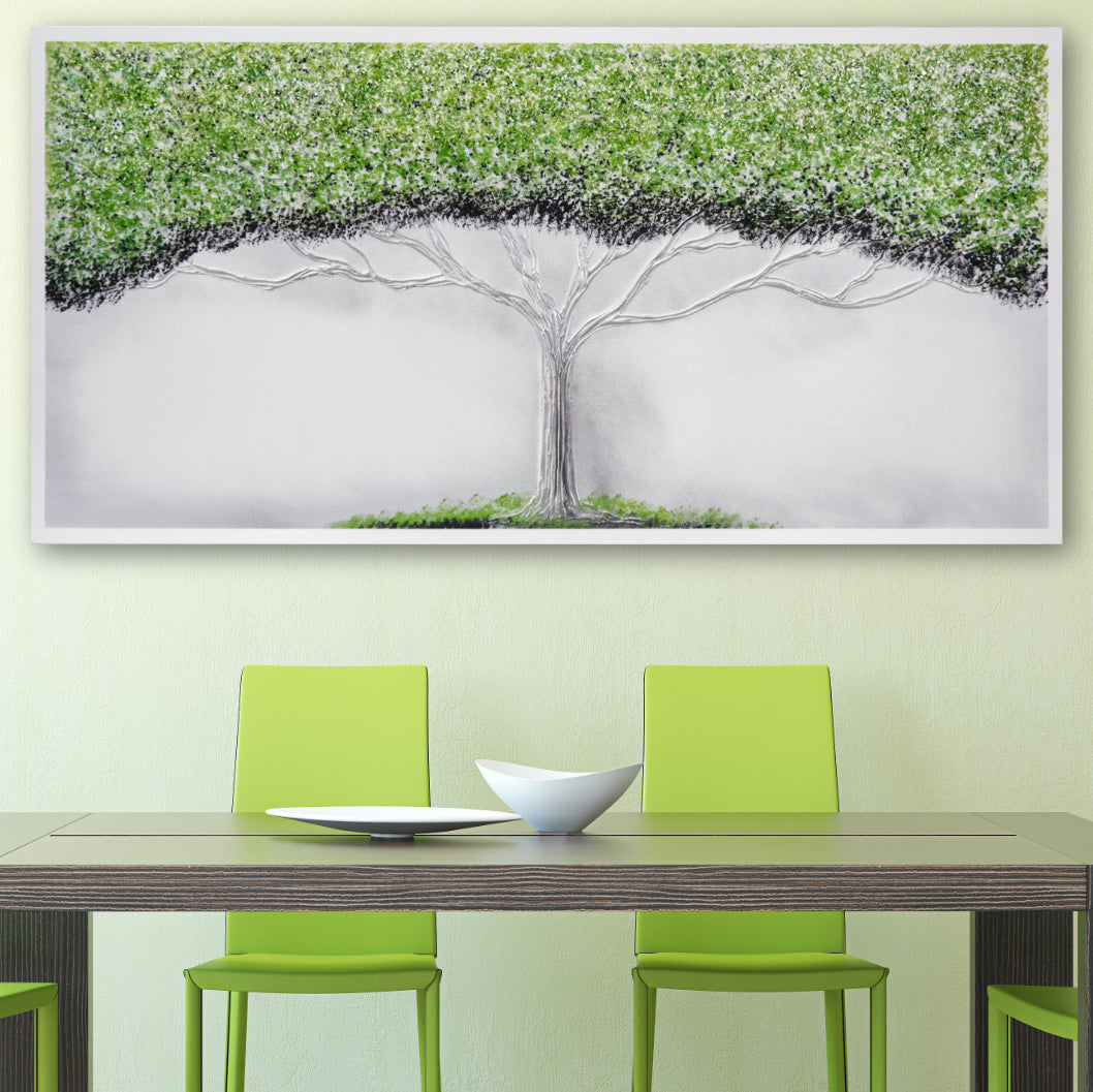 CUADRO PINTADO "ÁRBOL DE LA VIDA" VERDE 140X70CM CON PIEDRAS BRILLANTES Y RELIEVE PLATA