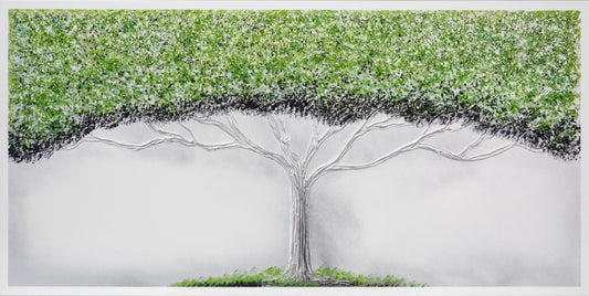 CUADRO PINTADO "ÁRBOL DE LA VIDA" VERDE 140X70CM CON PIEDRAS BRILLANTES Y RELIEVE PLATA