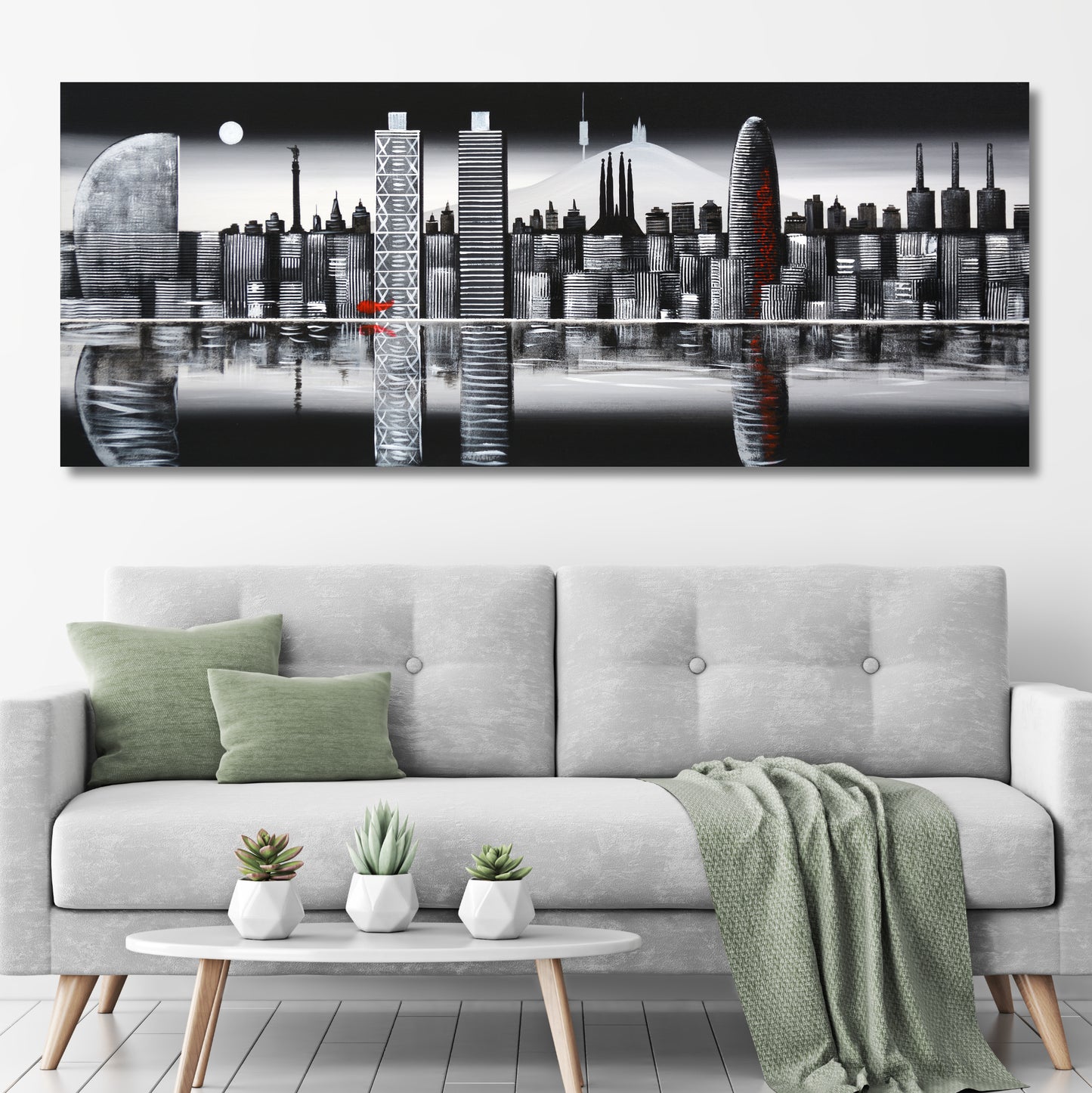 CUADRO PINTADO "SKYLINE BARCELONA DE NOCHE" 150X60CM
