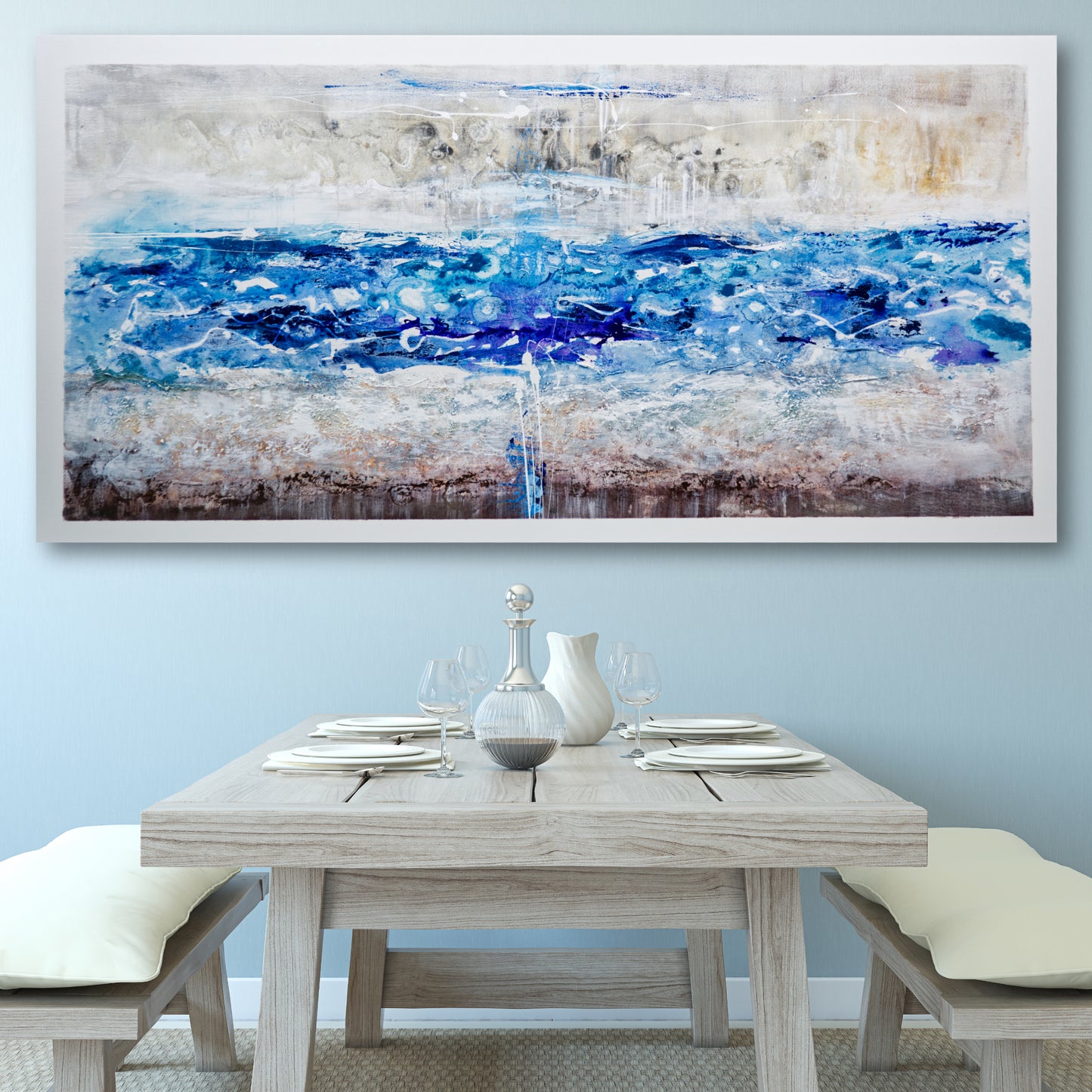CUADRO PINTADO "OLEAJE AZUL" 140X70CM