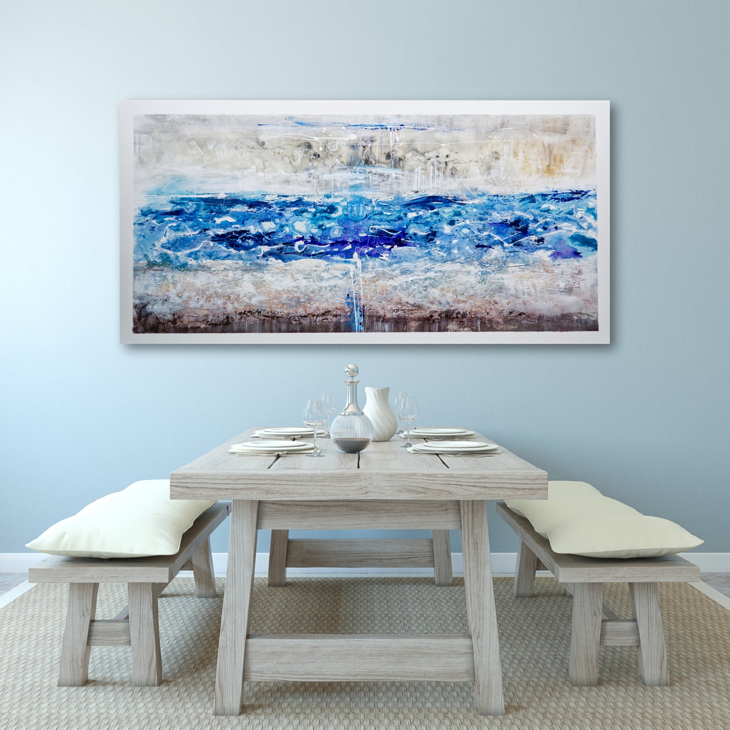 CUADRO PINTADO "OLEAJE AZUL" 140X70CM