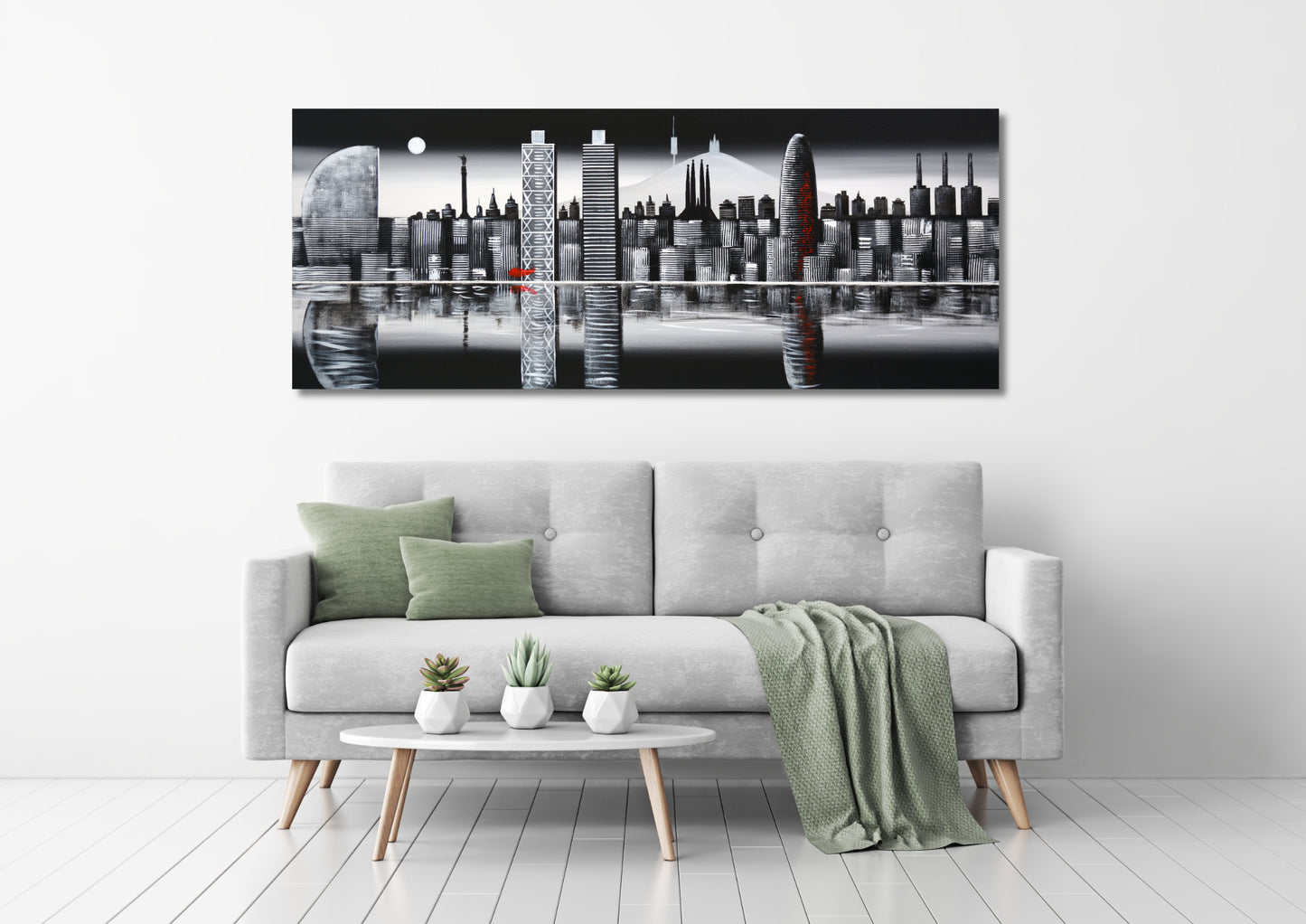 CUADRO PINTADO "SKYLINE BARCELONA DE NOCHE" 150X60CM