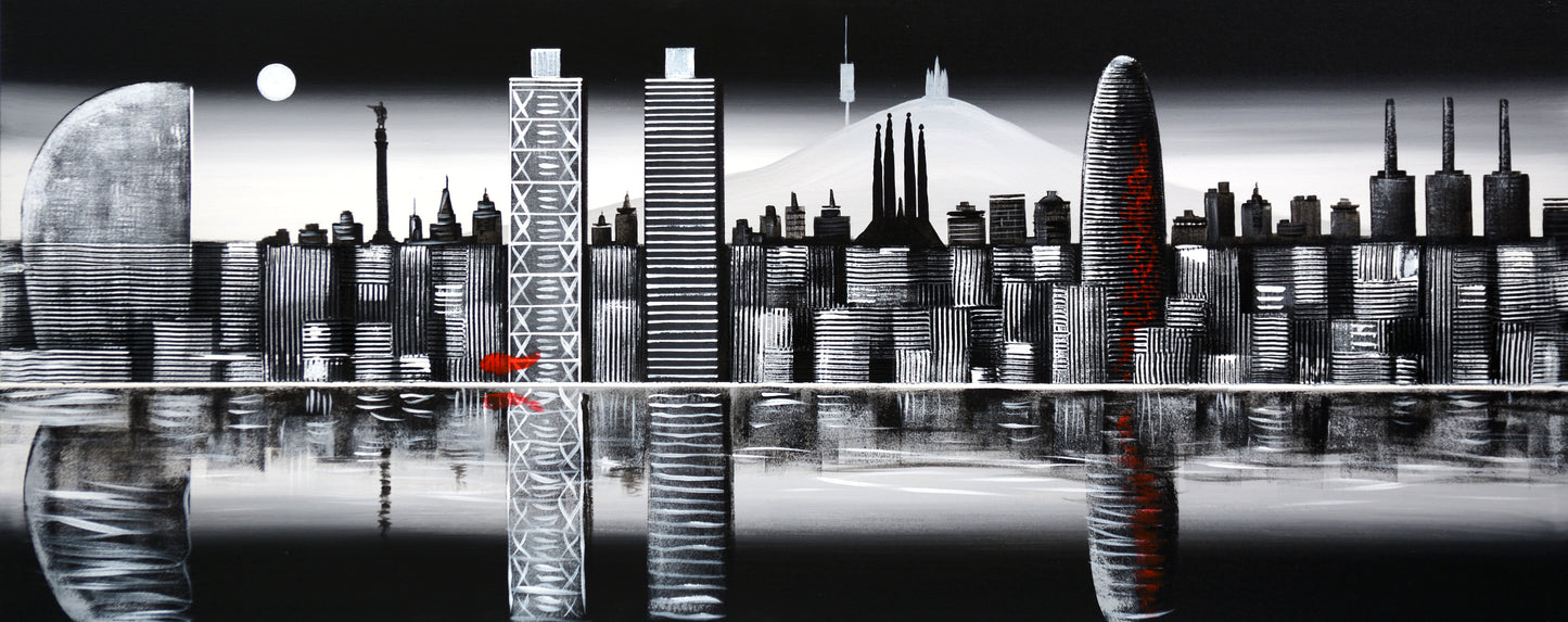 CUADRO PINTADO "SKYLINE BARCELONA DE NOCHE" 150X60CM